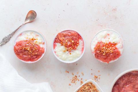 Riz au lait French rice pudding with rhubarb compote 