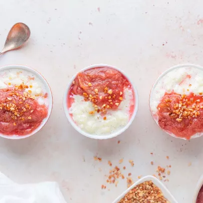 Riz au lait French rice pudding with rhubarb compote 