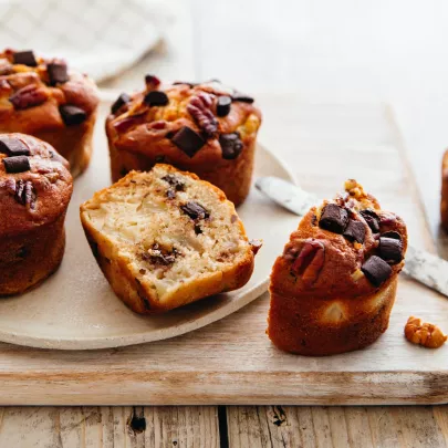 Pear, chocolate chip and pecan muffins