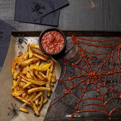 Halloween Oven-baked country fries & homemade ketchup