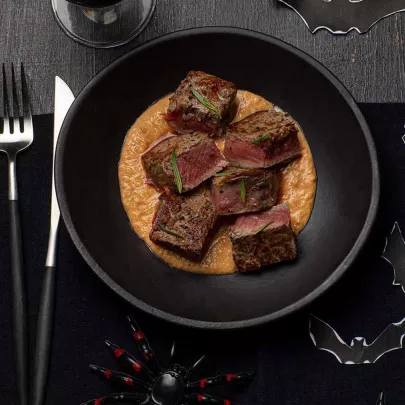 Halloween Rare beef tenderloin satay