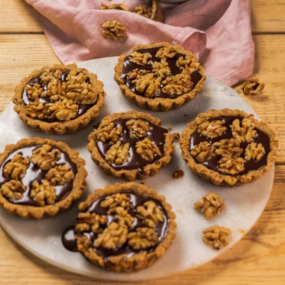 Walnut, Chocolate and Salted Butter Caramel Tartlets