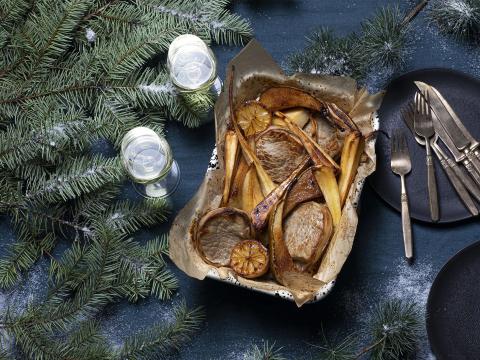 Grenadine of veal with parsnips and pears